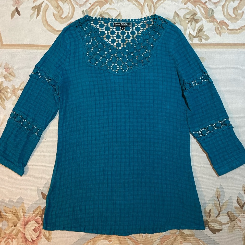 Teal tunic with lace details size large by Love stitch
